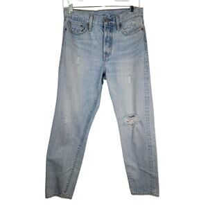 Levis Womens 501 Button Fly Distressed Tapered Leg Light Wash Jeans WPL423 Sz 28